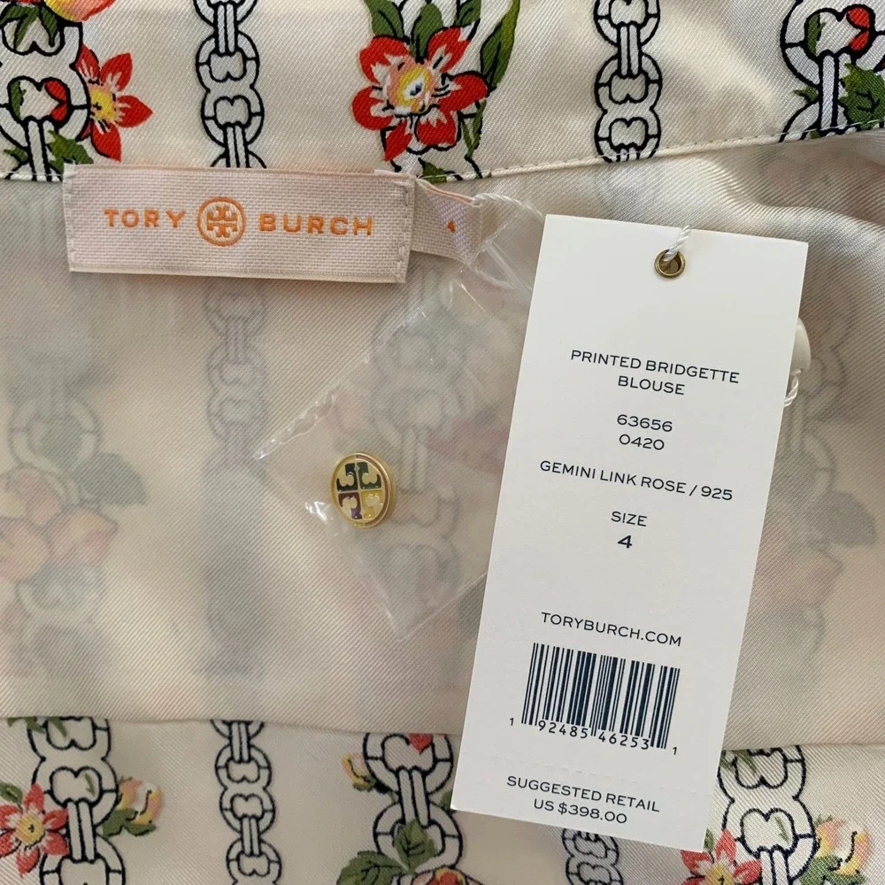 NWT Tory Burch Bridgette Silk Blouse Shirt Gemini Link Rose sz 4 $398 Floral Geo